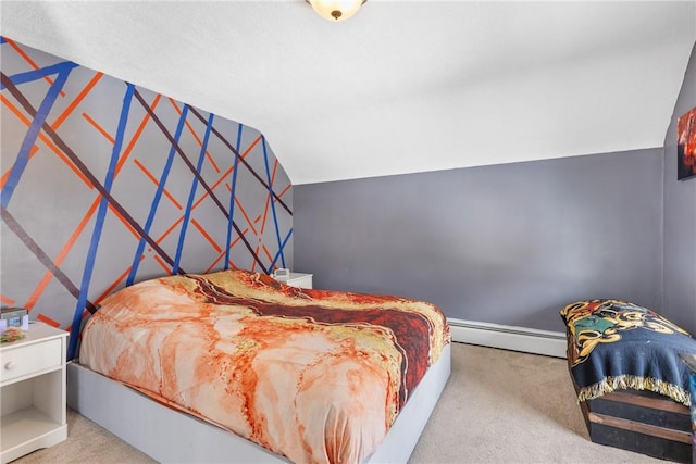 carpeted bedroom featuring lofted ceiling and a baseboard heating unit