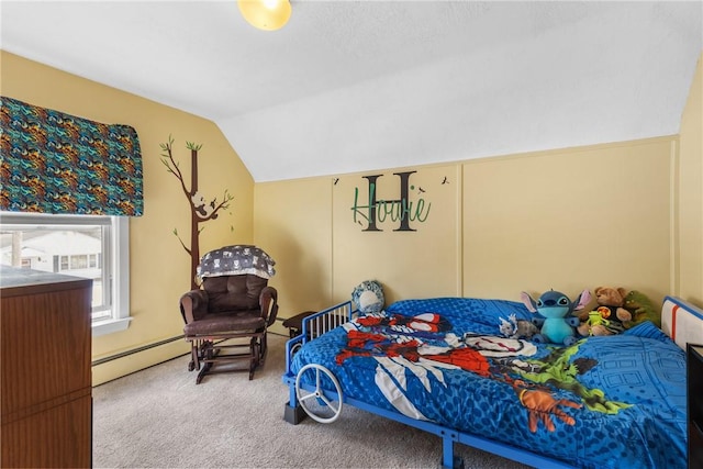 bedroom with lofted ceiling, carpet floors, and baseboard heating