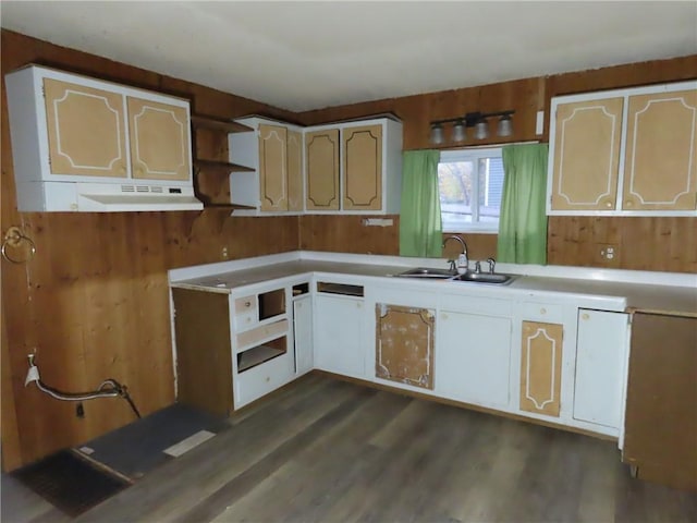 kitchen featuring open shelves, dark wood-style floors, light countertops, and a sink