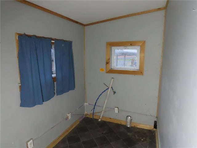 clothes washing area with crown molding