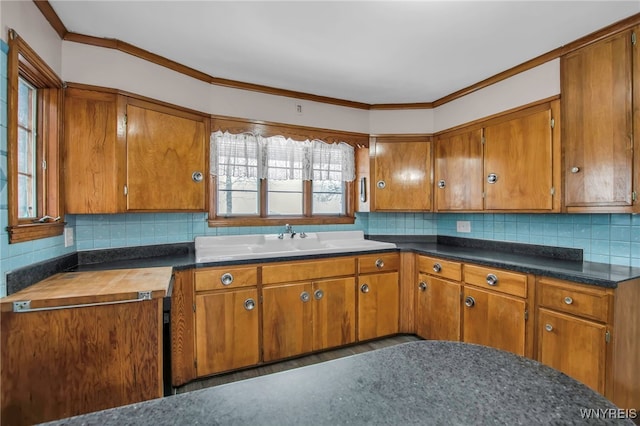 kitchen with a sink, crown molding, decorative backsplash, and brown cabinets