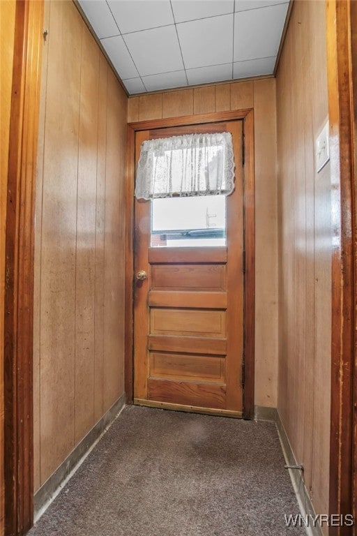 doorway featuring carpet floors and wooden walls