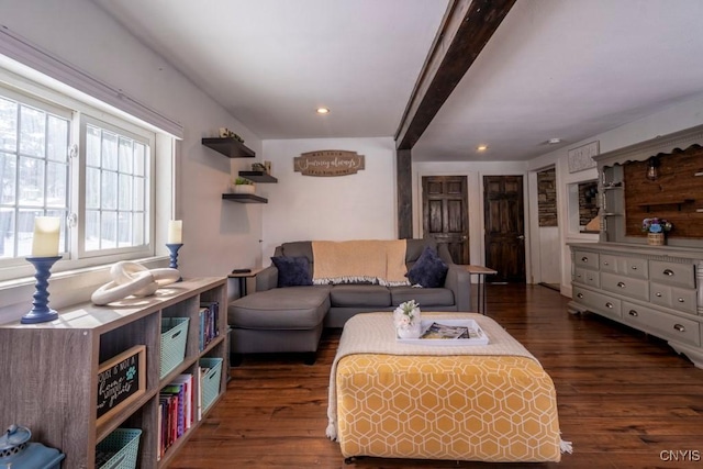 living area with recessed lighting and dark wood-style flooring