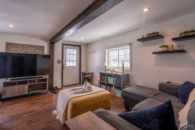 living room with beamed ceiling, wood finished floors, and recessed lighting