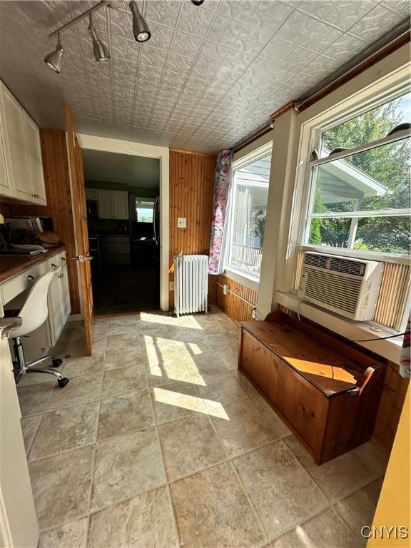 interior space featuring radiator, wood walls, an ornate ceiling, and a wealth of natural light