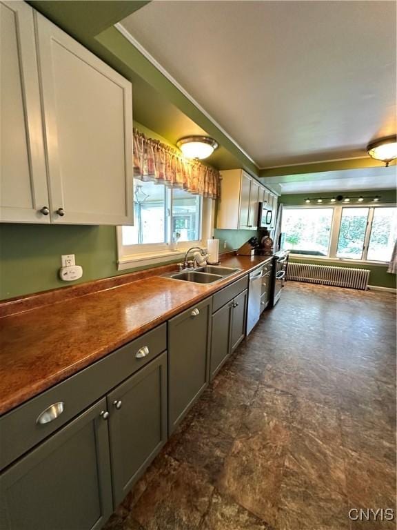 kitchen featuring stainless steel appliances, plenty of natural light, radiator, and a sink