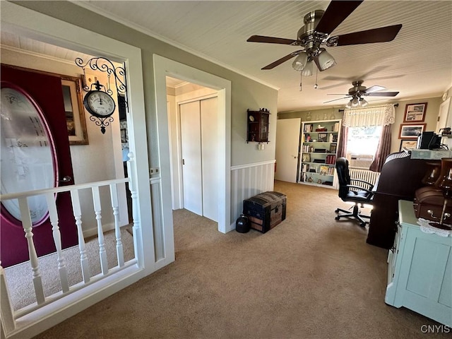 carpeted home office with ornamental molding