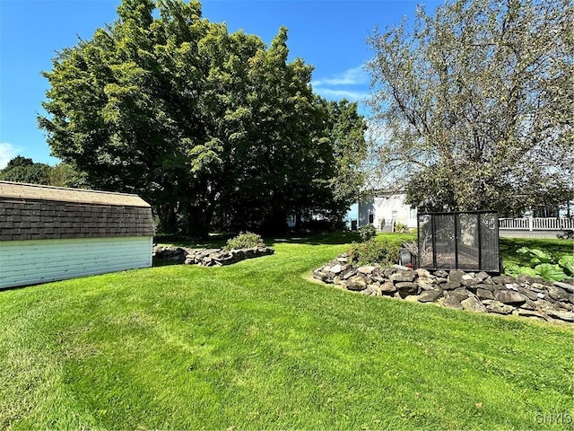 view of yard featuring a storage unit and an outbuilding