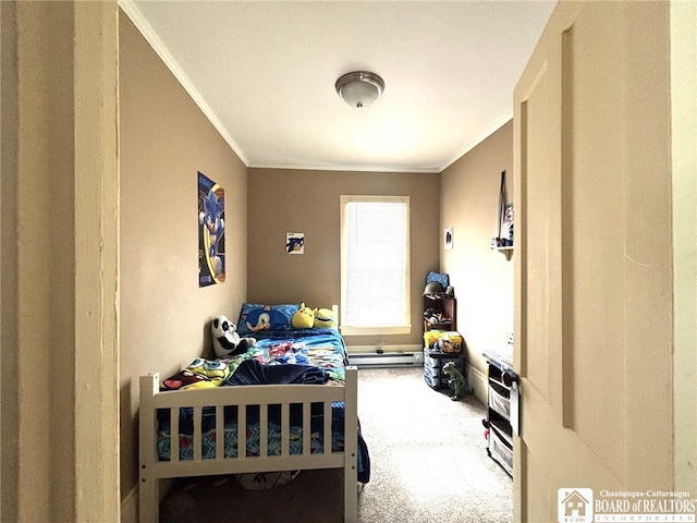 bedroom featuring ornamental molding and carpet