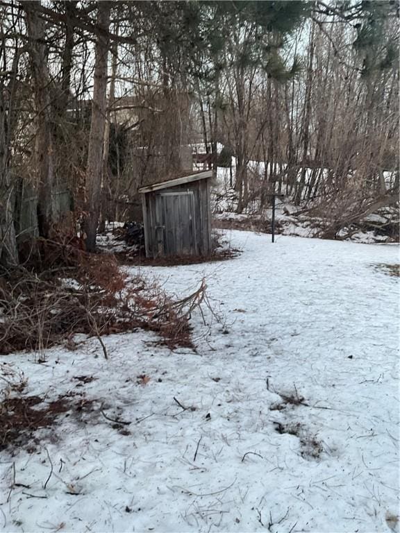 snowy yard with an outdoor structure and a shed