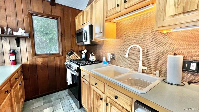 kitchen featuring decorative backsplash, appliances with stainless steel finishes, light countertops, and a sink