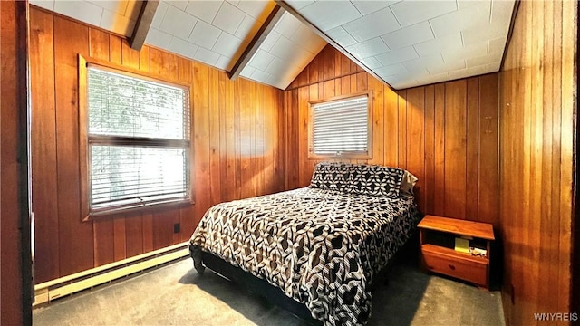 carpeted bedroom with lofted ceiling, wood walls, and a baseboard radiator