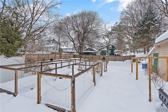 yard layered in snow featuring a fenced backyard