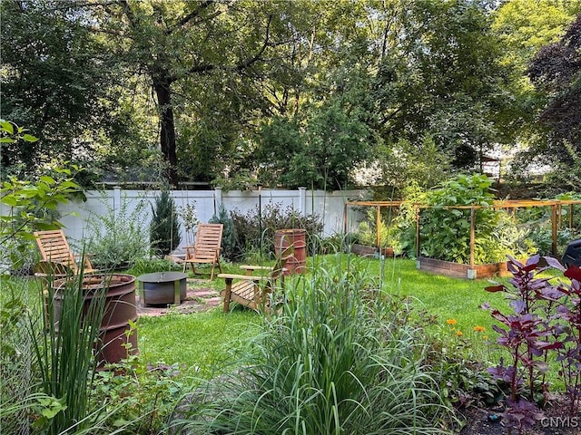 view of yard with a garden and a fenced backyard