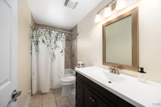 full bath with tile patterned flooring, toilet, vanity, visible vents, and shower / bathtub combination with curtain