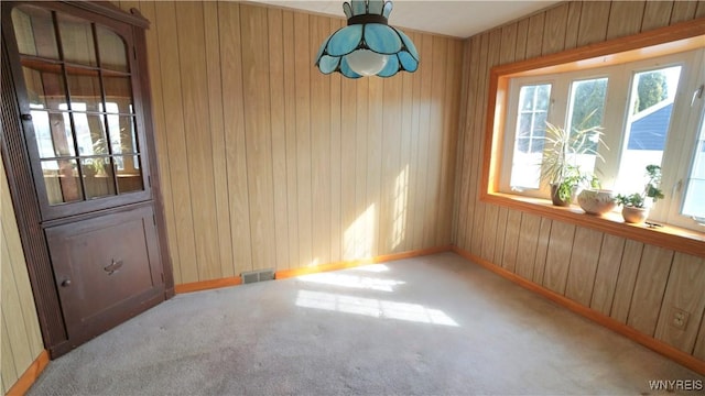 interior space with wood walls, carpet, visible vents, and baseboards