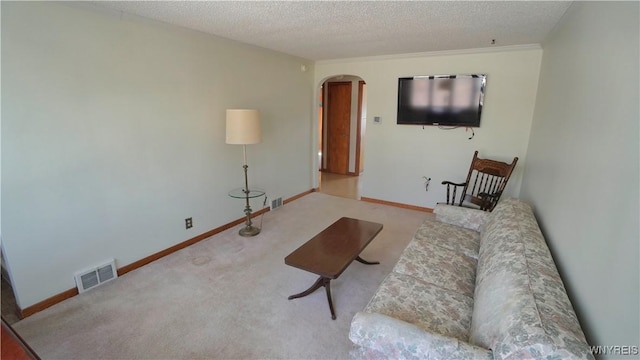 carpeted living area featuring arched walkways, visible vents, a textured ceiling, and baseboards