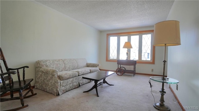 carpeted living area featuring baseboards and a textured ceiling