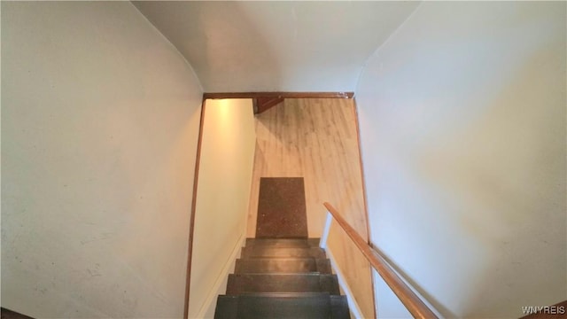 staircase with wooden walls