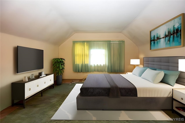 bedroom featuring carpet and vaulted ceiling