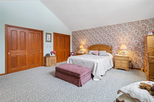 bedroom with baseboards, carpet floors, and wallpapered walls