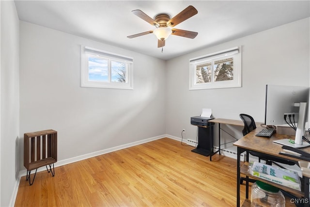 office area with baseboards, ceiling fan, light wood-style flooring, and a healthy amount of sunlight