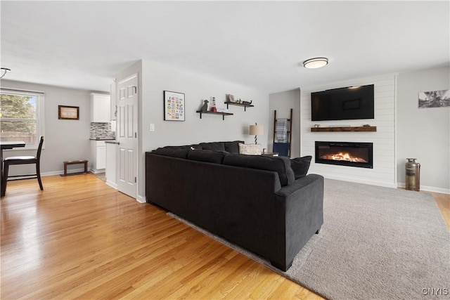 living area featuring light wood finished floors, a fireplace, and baseboards