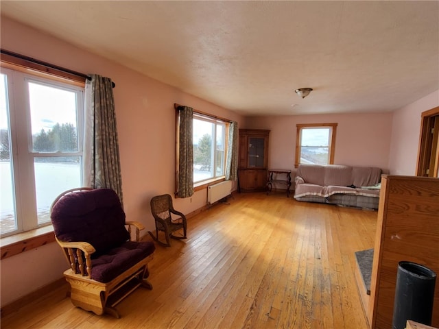 sitting room with light wood finished floors and radiator heating unit