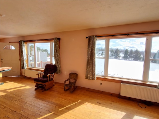 unfurnished room featuring radiator, a healthy amount of sunlight, and light wood finished floors