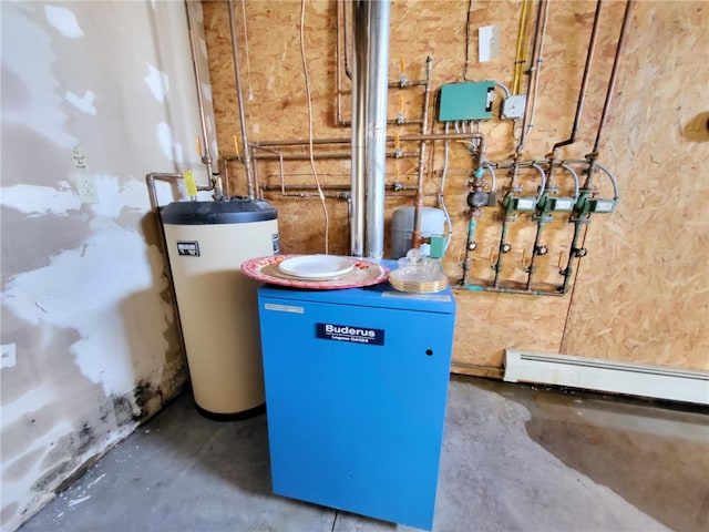 utilities featuring water heater and baseboard heating