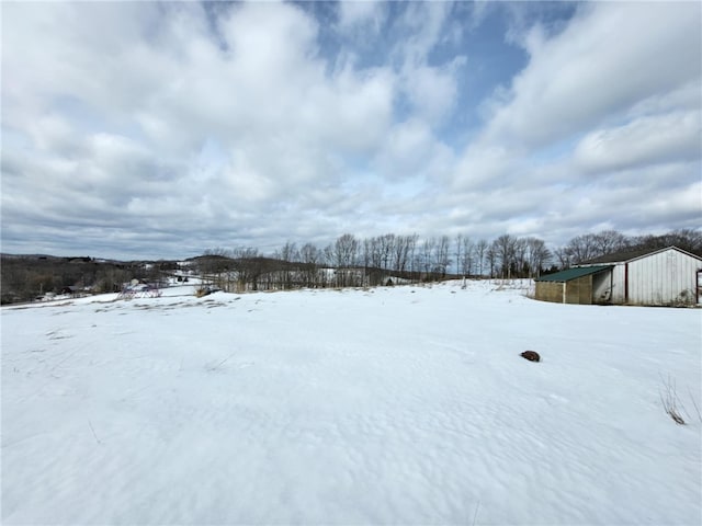 snowy yard featuring an outdoor structure