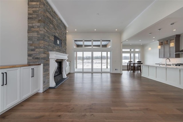 unfurnished living room featuring dark wood-style floors, crown molding, and a stone fireplace