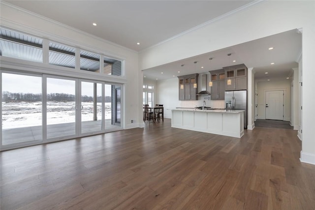 unfurnished living room with baseboards, dark wood-type flooring, a sink, and crown molding