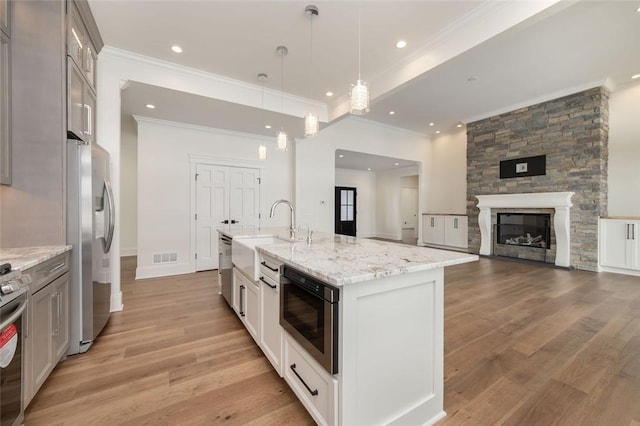 kitchen with light wood-style flooring, light stone countertops, stainless steel appliances, a fireplace, and a sink