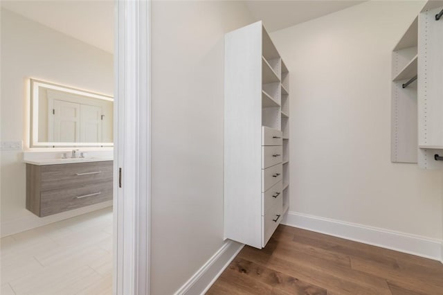 walk in closet with a sink and wood finished floors