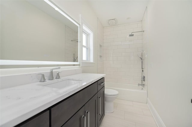 bathroom featuring shower / washtub combination, baseboards, vanity, and toilet