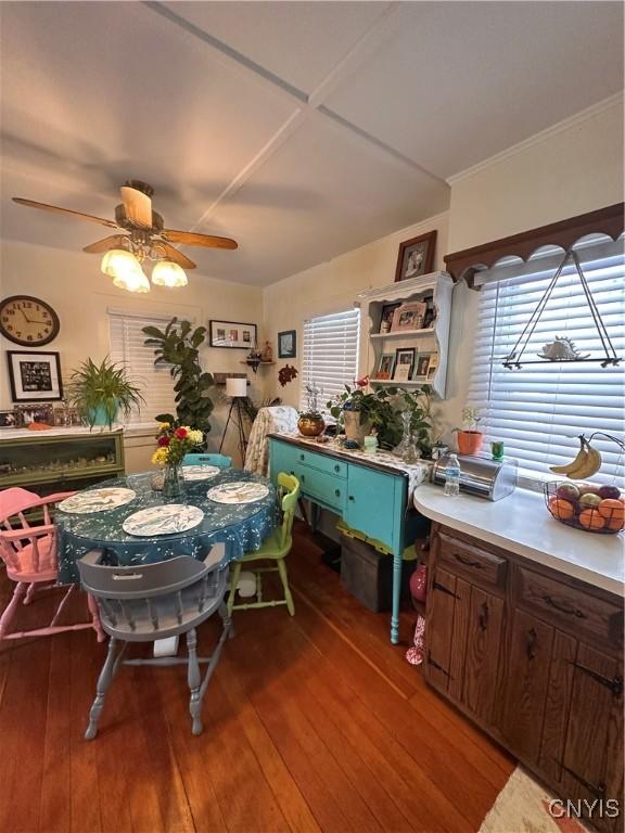 dining space with hardwood / wood-style floors and a ceiling fan