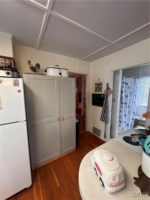 kitchen featuring dark wood finished floors and freestanding refrigerator