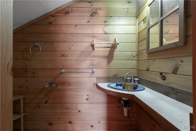 bathroom with wooden walls