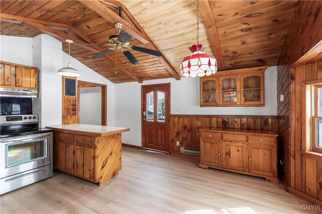 kitchen featuring brown cabinets, a peninsula, stainless steel electric stove, baseboard heating, and under cabinet range hood