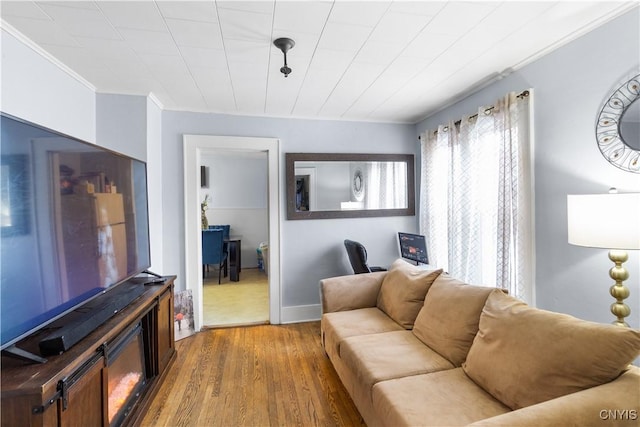 living room featuring crown molding, baseboards, and wood finished floors