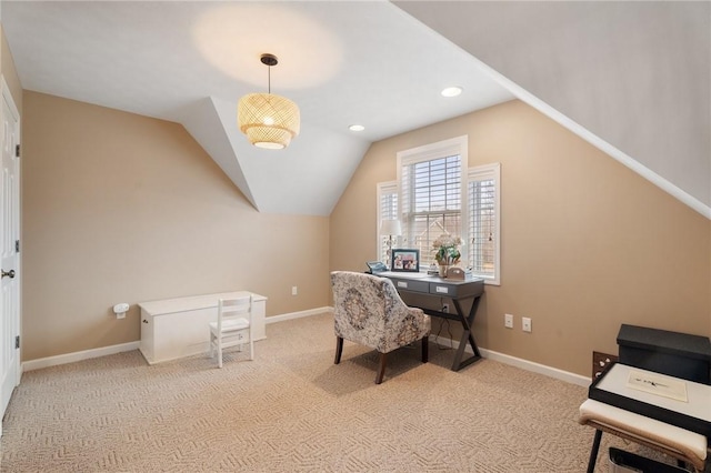 home office with vaulted ceiling, carpet floors, recessed lighting, and baseboards