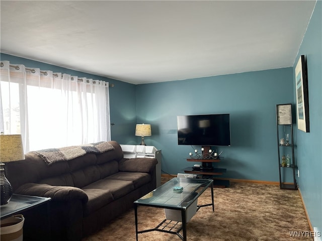 living area featuring carpet and baseboards