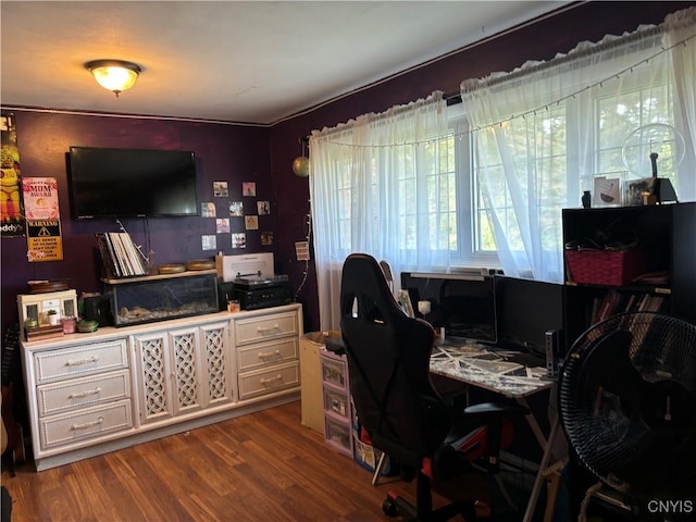 home office with wood finished floors