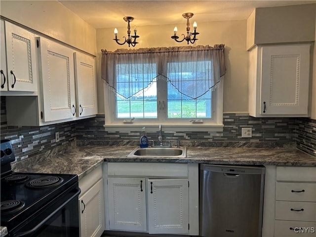 kitchen with dark countertops, black / electric stove, a sink, and stainless steel dishwasher