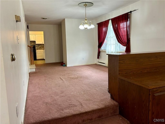 dining room featuring visible vents, an inviting chandelier, a baseboard heating unit, carpet flooring, and baseboards