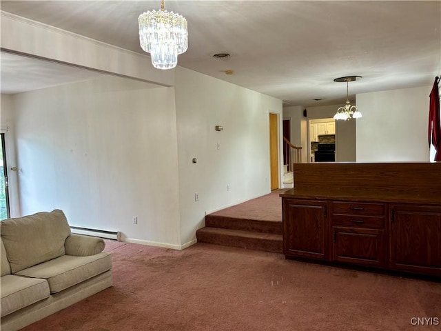 carpeted living room featuring stairway, a baseboard radiator, visible vents, and a notable chandelier