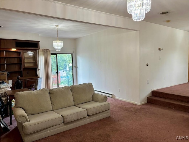 living area with baseboards, visible vents, a baseboard radiator, carpet flooring, and a notable chandelier