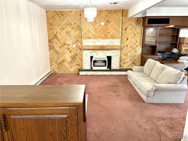 carpeted living room with a fireplace and baseboard heating