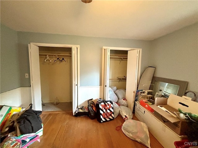 bedroom with wood finished floors and two closets